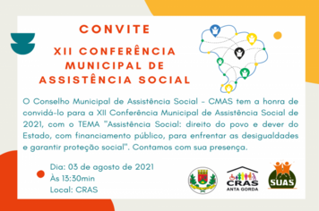 Conferência Municipal de Assistência Social será no dia 03 de agosto. 
