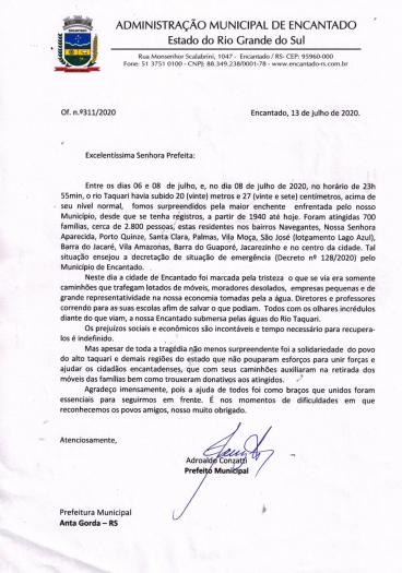 Prefeito de Encantado agradece solidariedade da comunidade antagordense e da região Alta do Vale