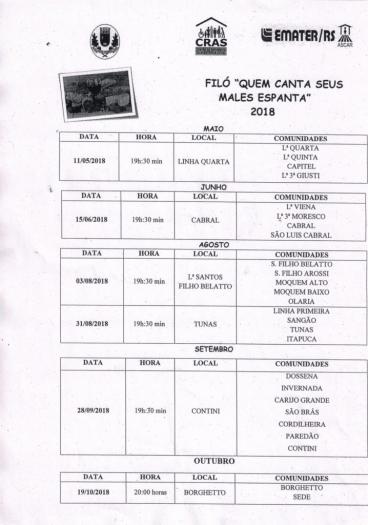 Filó ” Quem canta seus Males Espanta” – Programação 2018